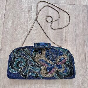 Antique Blue Gold Beaded Art Deco 1920s Clutch Purse Flapper Evening‎ Bag Party